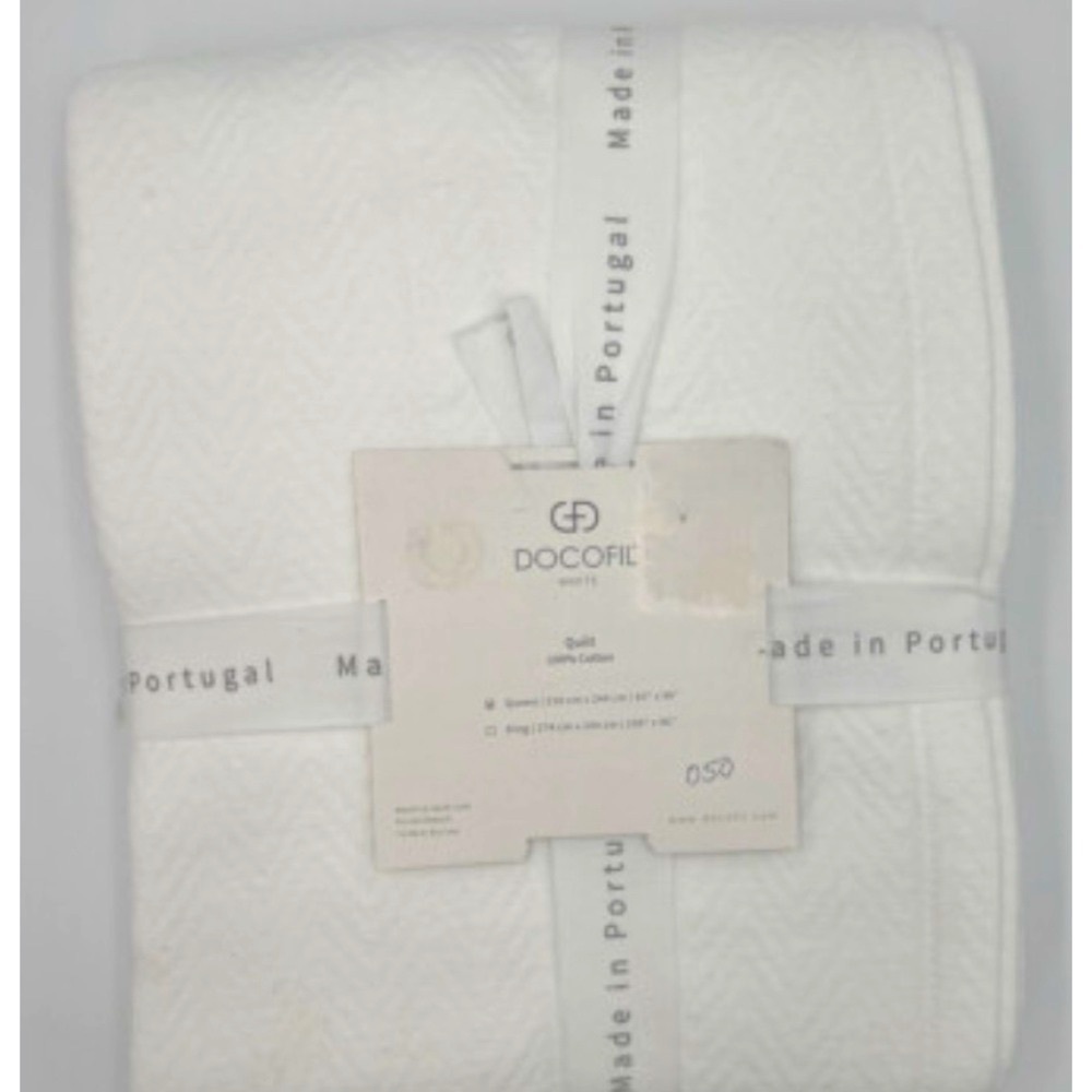 Queen Portugal Docofil Chic White Cotton Chevron Textured Quilt Coverlet 90x96in